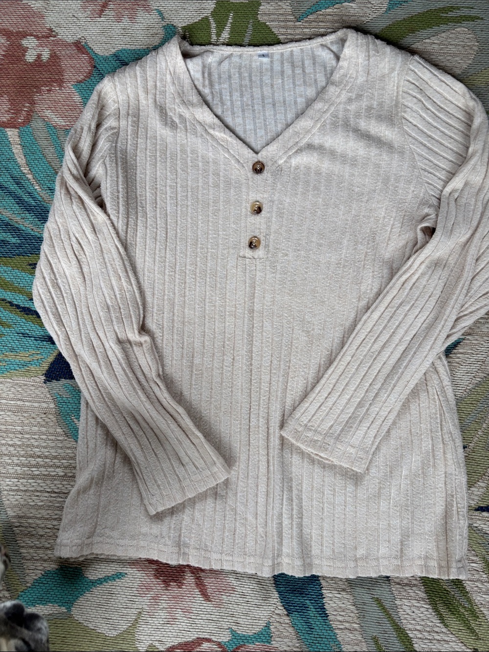 Women’s Ribbed V-Neck Button Pullover - Cream